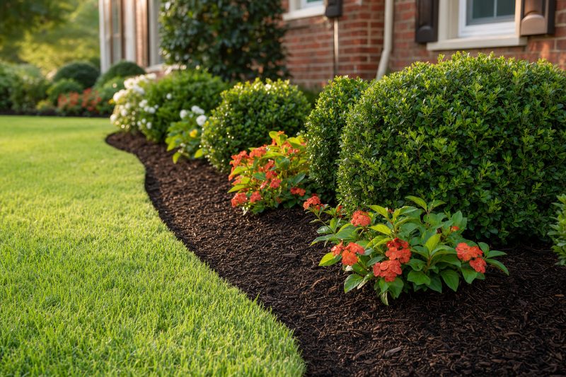 Fresh dark shredded hardwood mulch spread around trimmed boxwoods with a clean spade edge